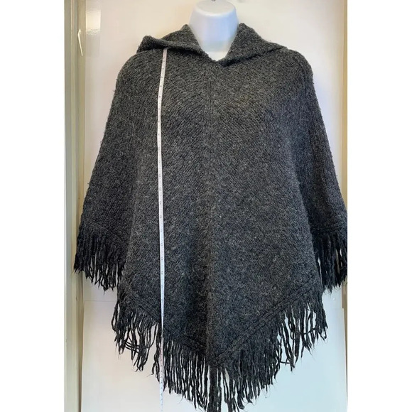MIXIT Womens Dark Gray Pancho Hooded Wool Blended  Fringe Hem - Picture 7 of 10